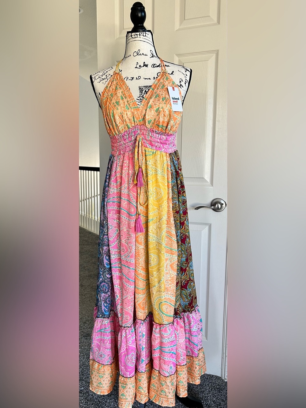 BOHO Luxury Colorblock Paisley Maxi Dress with Tassel Tie‎ Silk and Viscose
